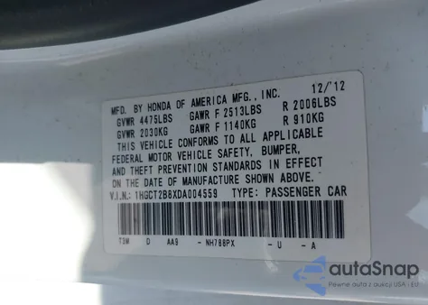 2013 Honda Accord Ex-L V-6 из США, поврежденный, VIN 1HGCT2B8XDA004559